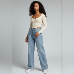 Women’s Rhinestone Wide Leg Jeans Slim Fit Embellished High Waist Denim Y2K S:28